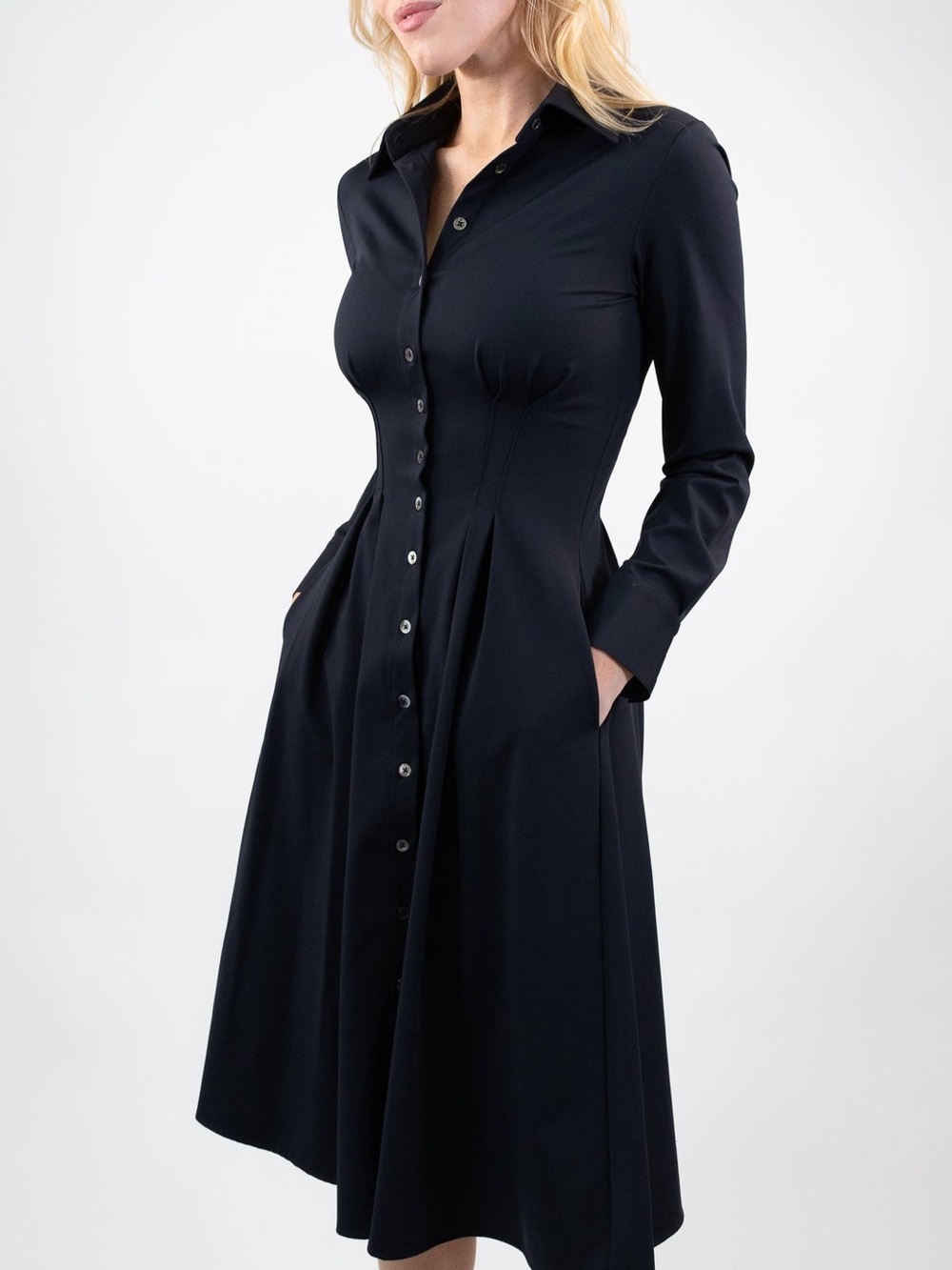 LUXEIRE Long Sleeve Fit-and-Flare Shirt $328 Black Longsleeve Stretch Dress Lrg